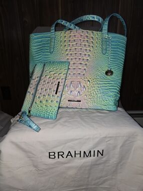 Brahmin Turquoise Multi Croc-Embossed Tote with Wristlet